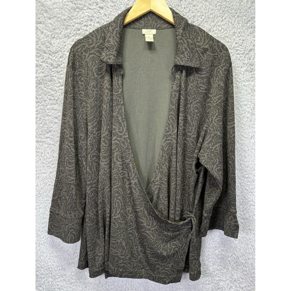 J. Jill Womens 3X Green Paisley Wrap Blouse V Neck Stretch Jersey Tie Front Boho